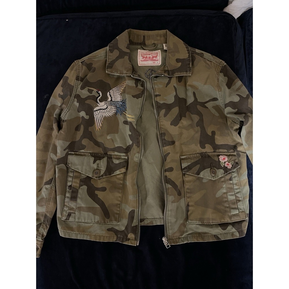 Levis Y2K Camo Coach Jacket Embroidered Denim Military Mens S Vintage Camouflage